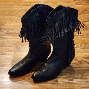 Vintage Dingo Black Fringe Faux Snakeskin Western Boots Size 7.5M (Runs Small)